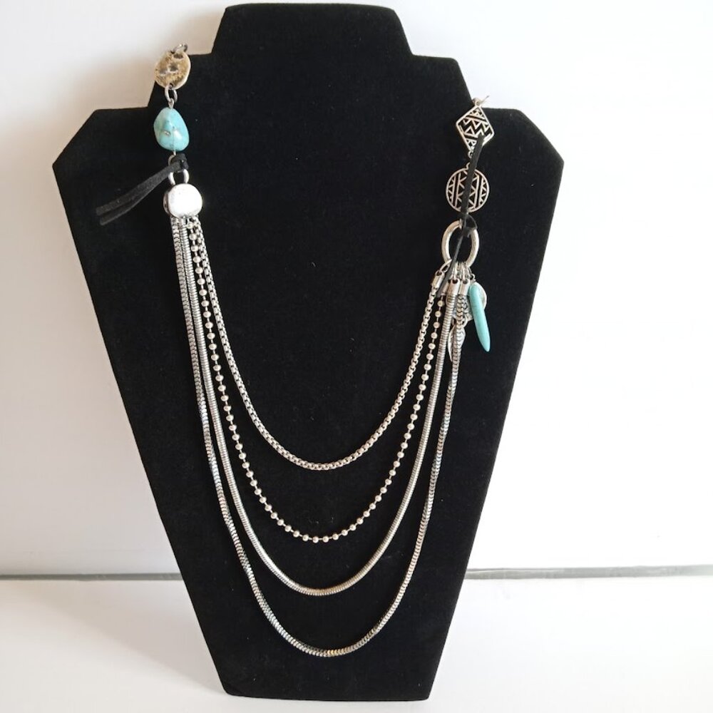 VTG 36" Stunning Boho Southwestern Silver Tone 4 Chain Filigree Dangle Necklace